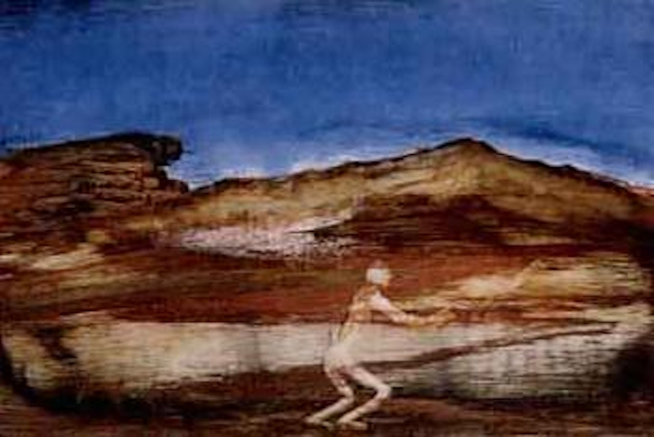 Man with bird in landscape by Sidney Nolan