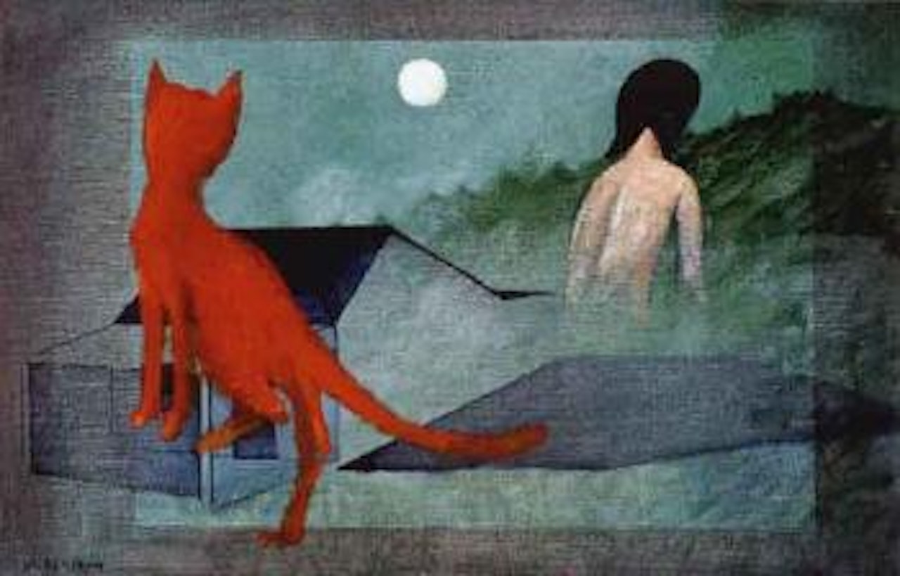 Red cat, moon and girl by Charles Blackman