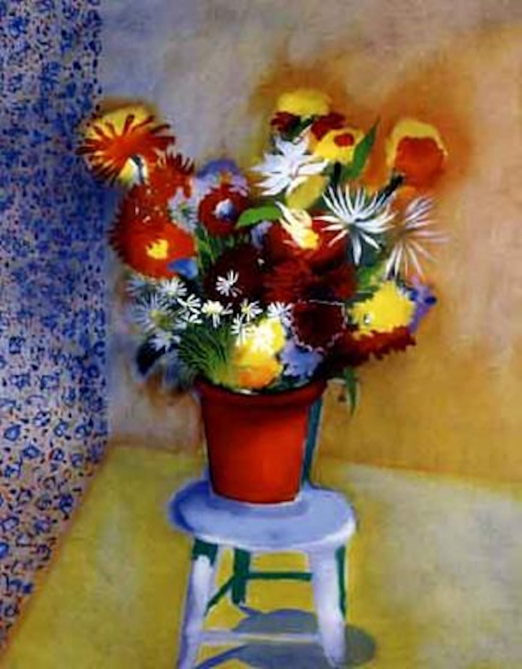 Still life, vase of flowers placed on a stool by Charles Blackman