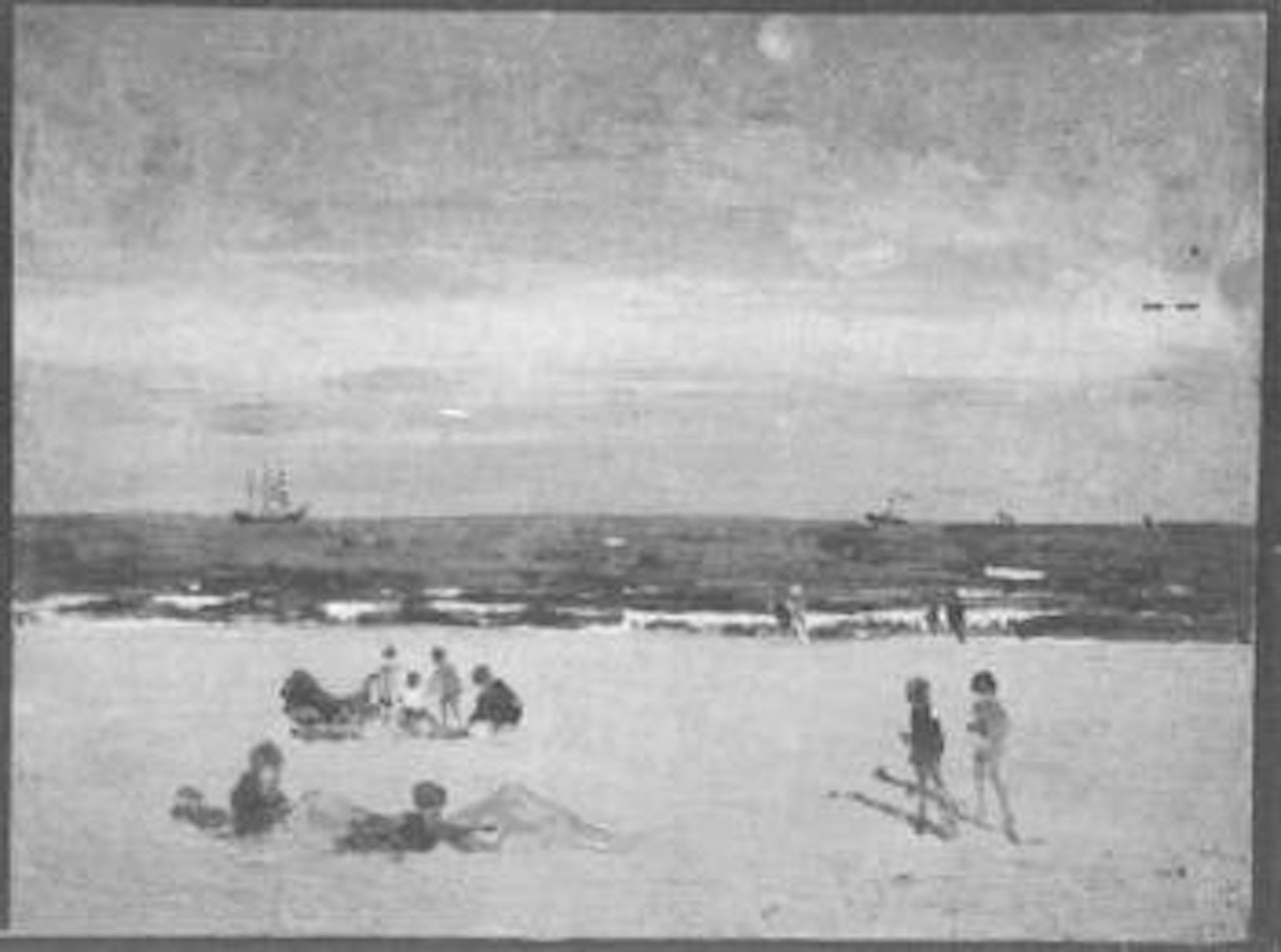 Gorleston beach scene with numerous figures on path by Campbell Mellon