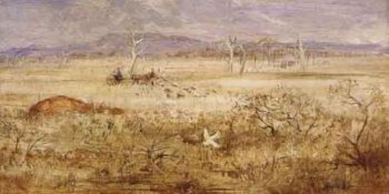 Wimmera landscape with horse, jinker and white cockatoo by Arthur Merric Bloomfield Boyd