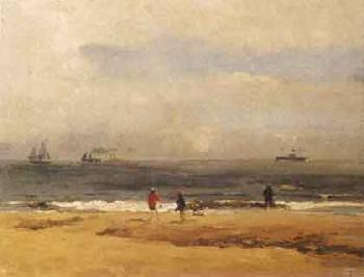 Seashore scene with figures and dog by Campbell Mellon