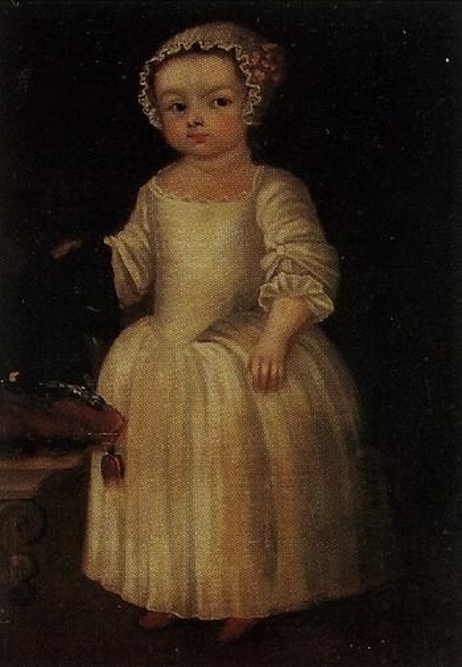Portrait of a boy in white dress with his pet dog by English School