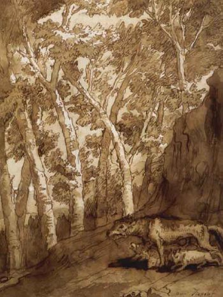 Wolf with her cubs in wooded landscape by Giovanni Domenico Tiepolo