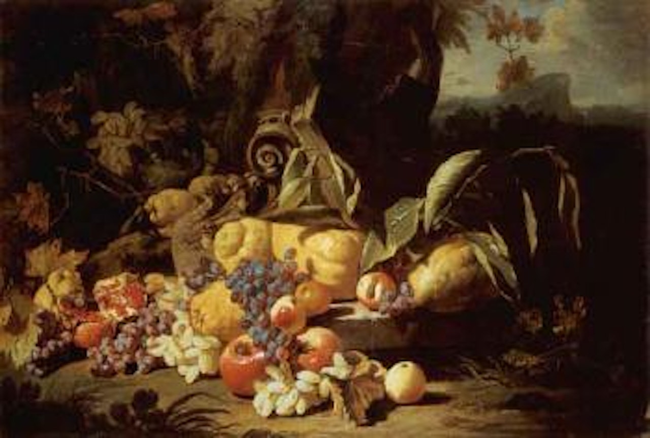 Gourds, apples, grapes, pomegranates, architectural ruins by Franz Werner von Tamm