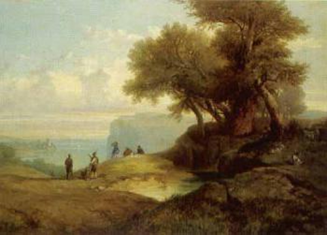 Elegant figures in Swiss lake landscape by Alexandre Calame