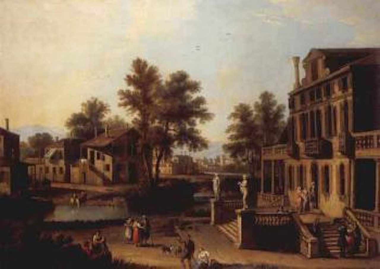 Veneto riverside town, elegant company on villa terrace by Giovanni Battista Cimaroli