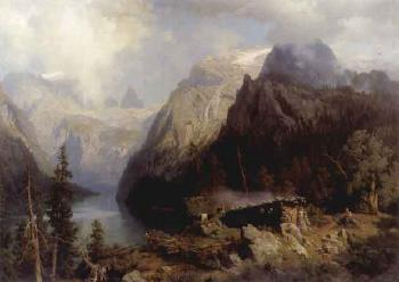 Shepherdess and sheep resting by Alpine lake by August Wilhelm Leu
