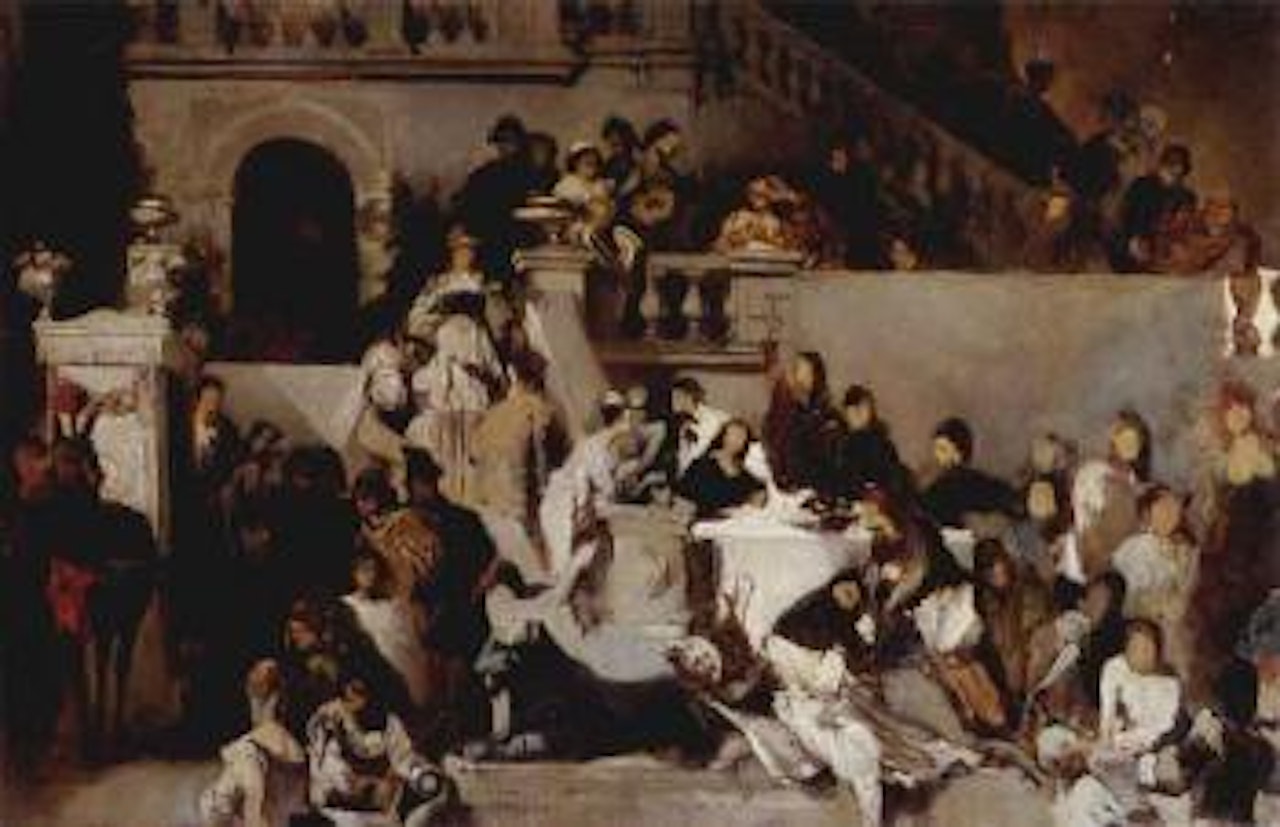 Figures feasting on balcony by Hans Makart