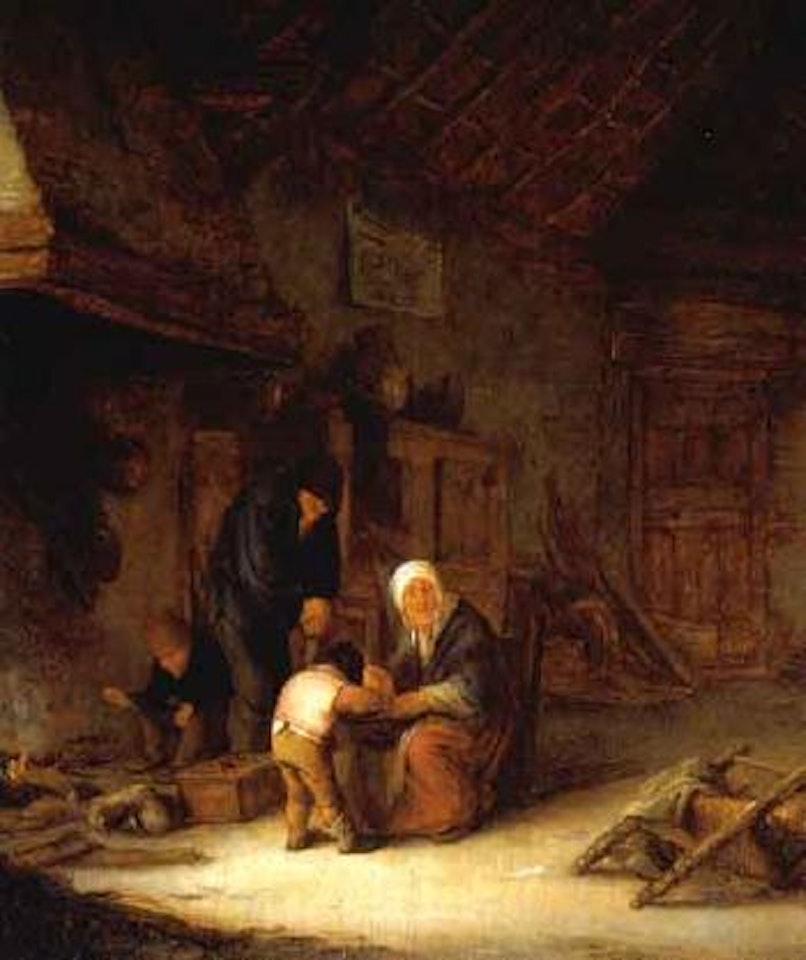 MOther feeding son inside farmhouse, father watching by Adriaen van Ostade