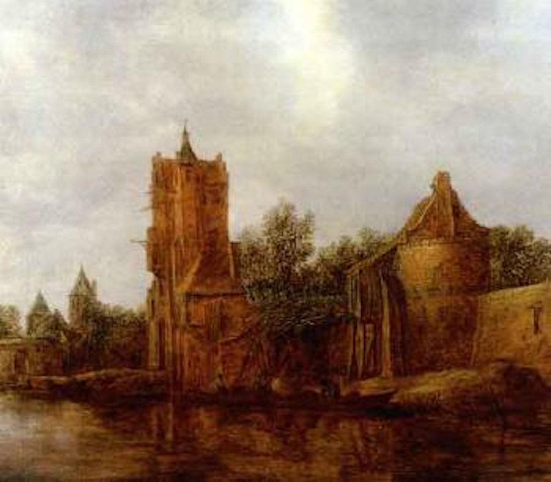 River before city wall with fishermen and two boats by Jan van Goyen