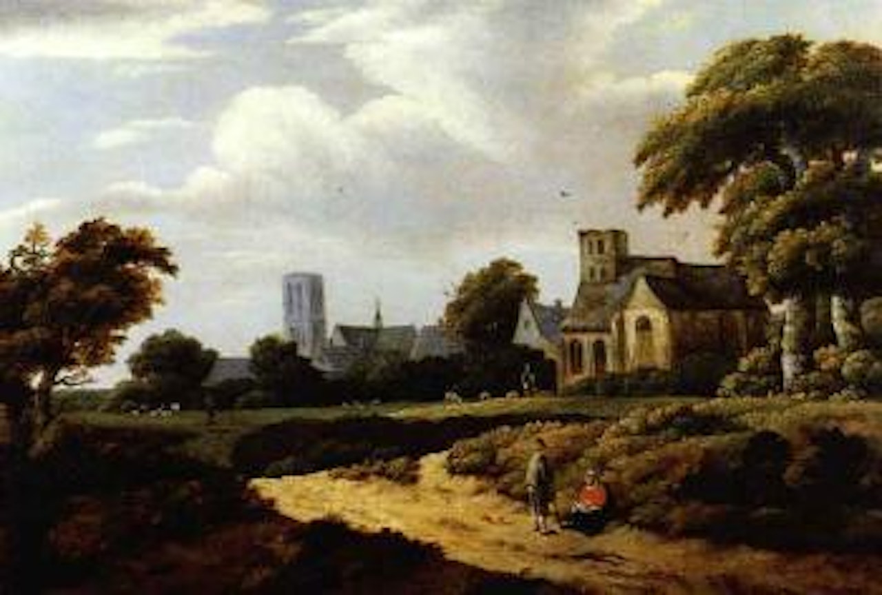 Landscape with village and resting figures by Dutch School