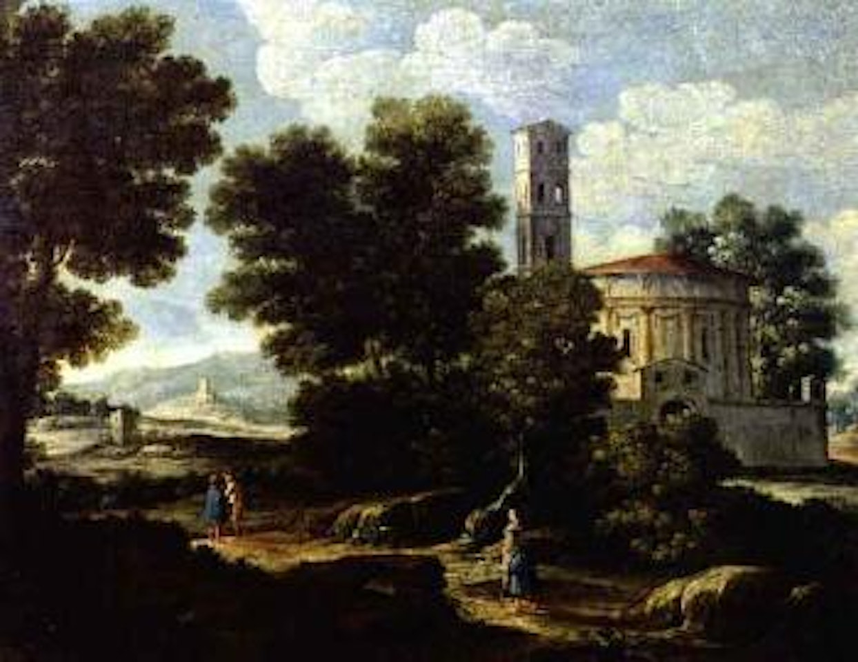 Wooded landscape with travellers and church by Giovanni Battista Cimaroli