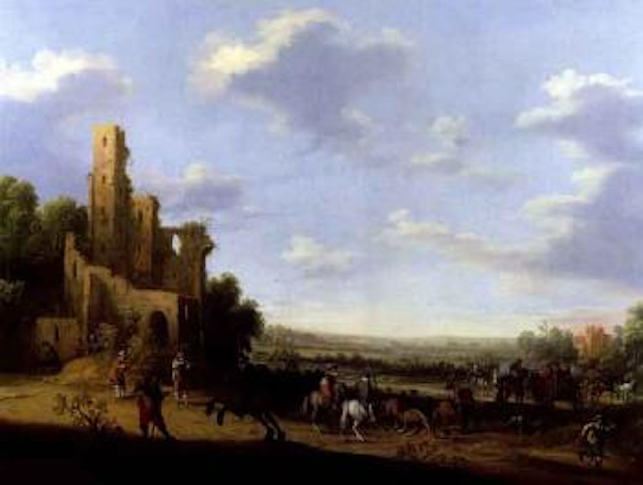 Extensive Dutch dune landscape with ruins and horsemen by Joost Cornelisz Droochsloot