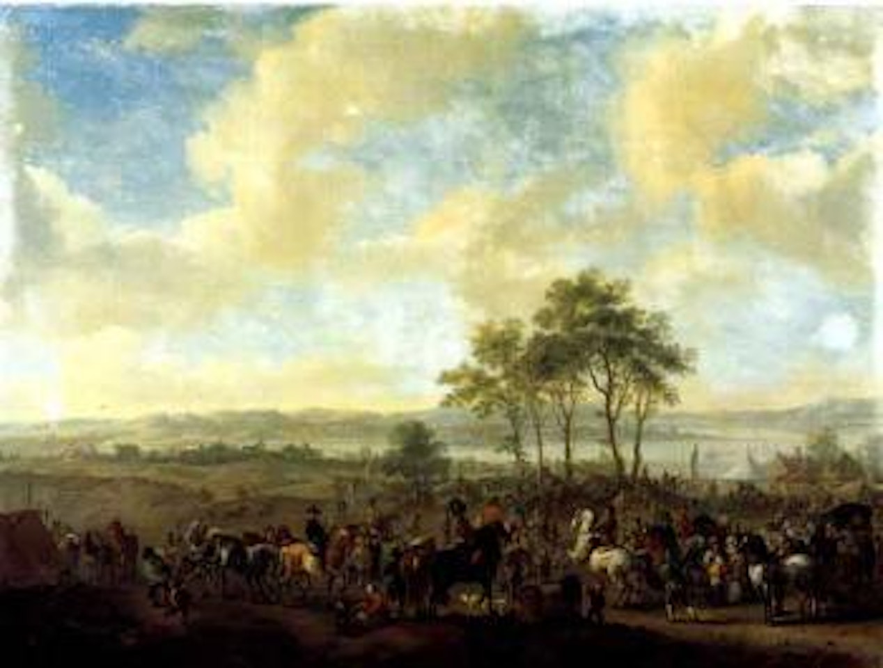 Horse market in extensive river landscape by Philips Wouwerman