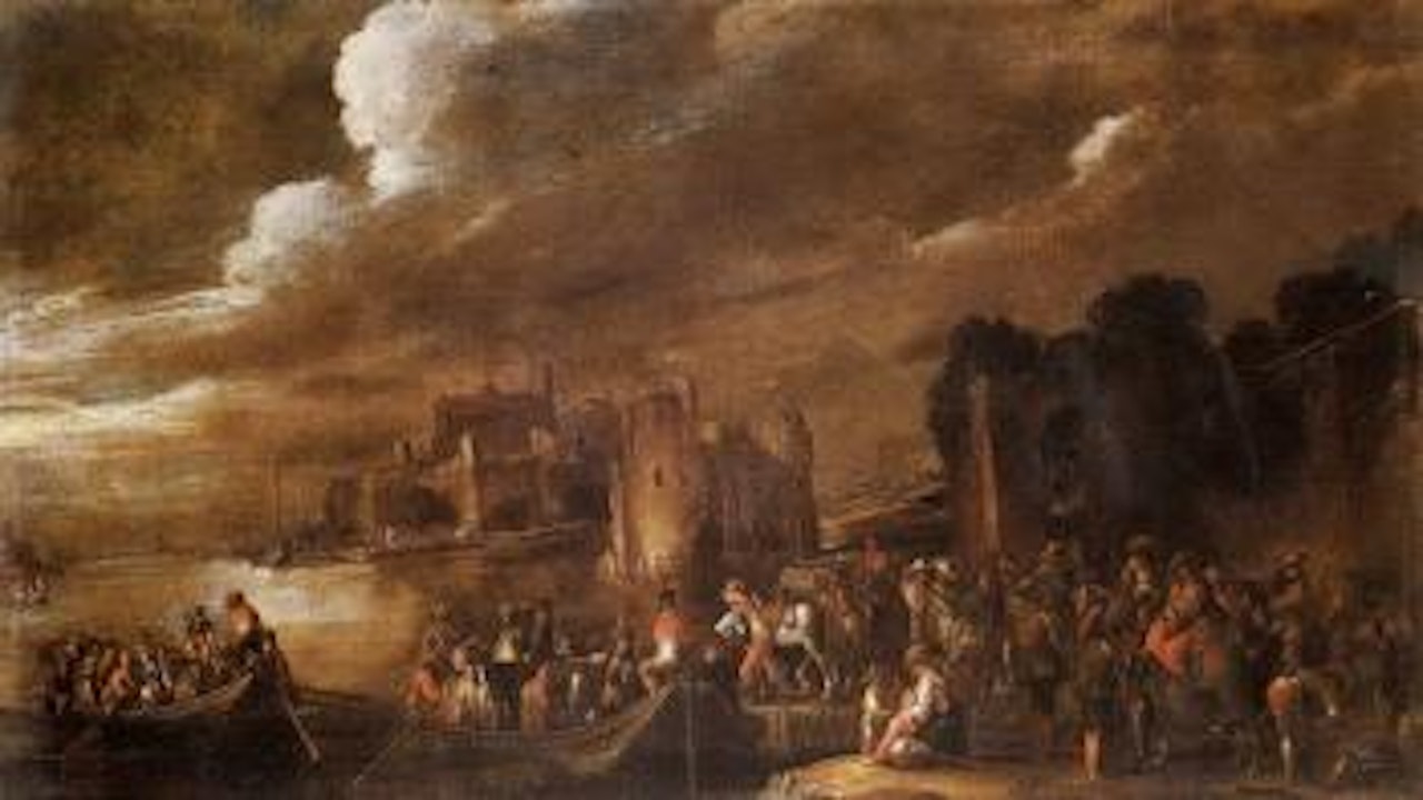 Idyllic port scene with figures by Cornelis de Wael