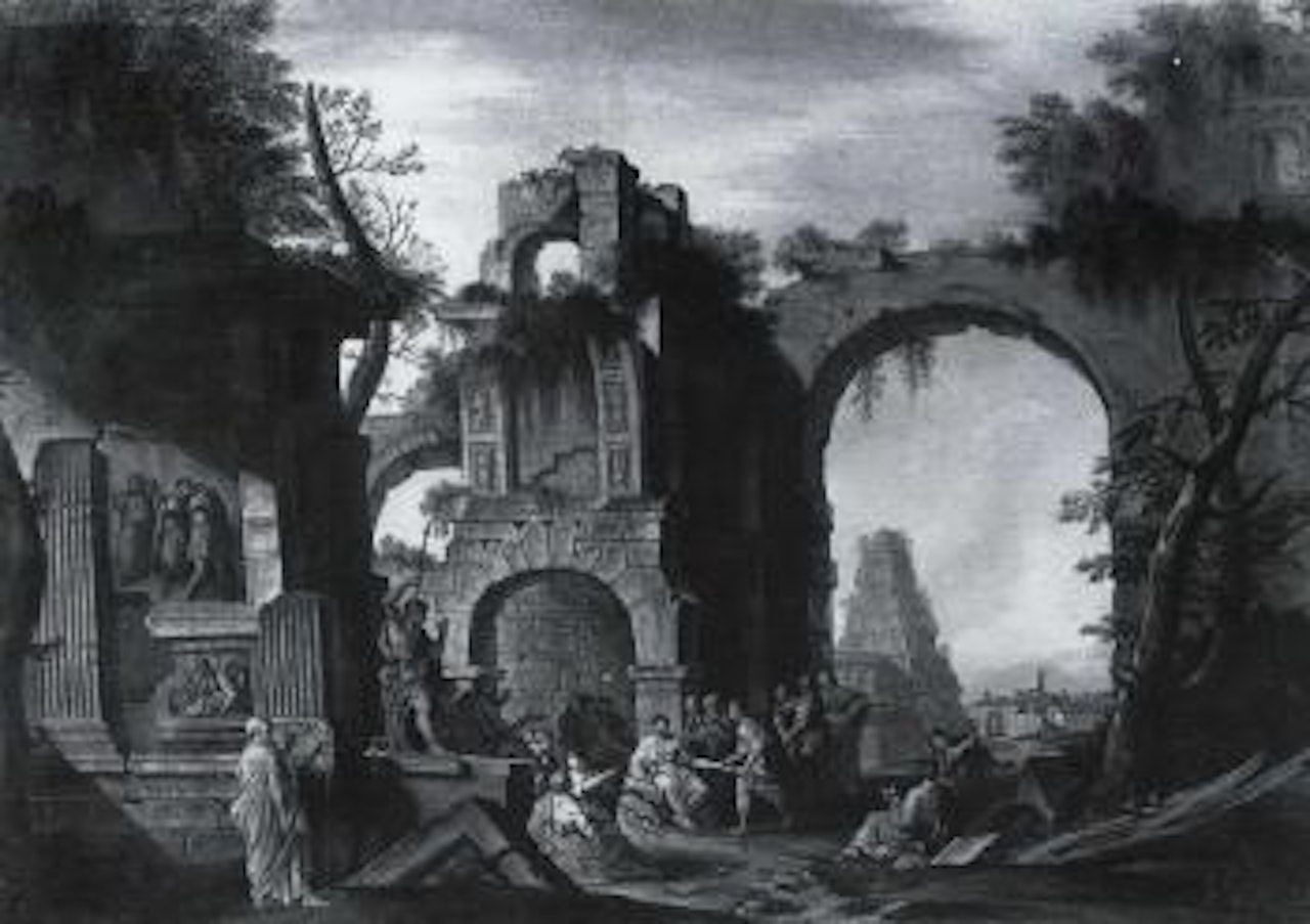 Architectural capriccio with the history of Belisario by Giovanni Ghisolfi
