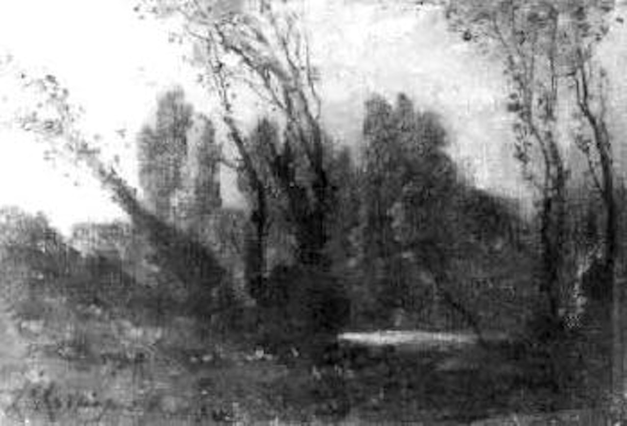 Small pond in autumn wood by Henri Harpignies