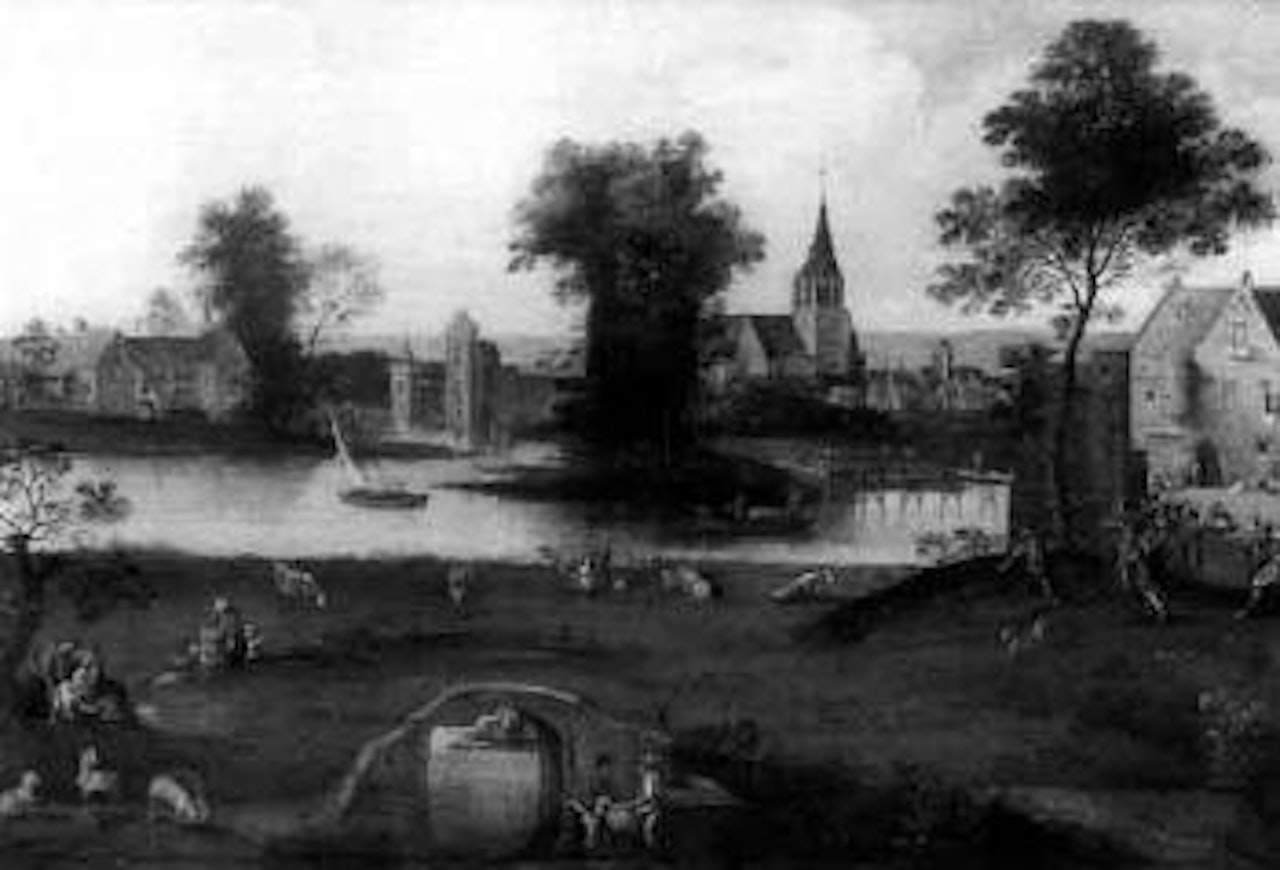 Old riverside town by Flemish School