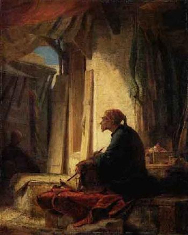 Turk seated on carpet in bazaar by Carl Spitzweg