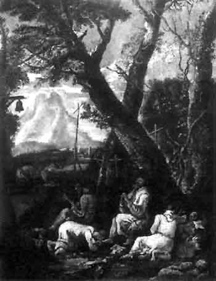 Monks praying in mountain landscape by Alessandro Magnasco