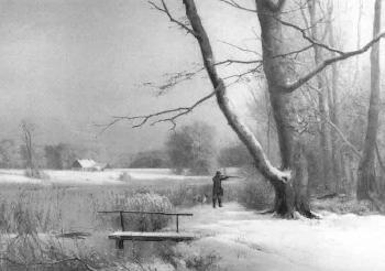 Hunter in snow with hound, fox disappearing in wood by Anders Andersen-Lundby