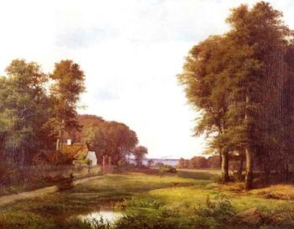 Idyllic woodland landscape with farm and deer by Anders Andersen-Lundby