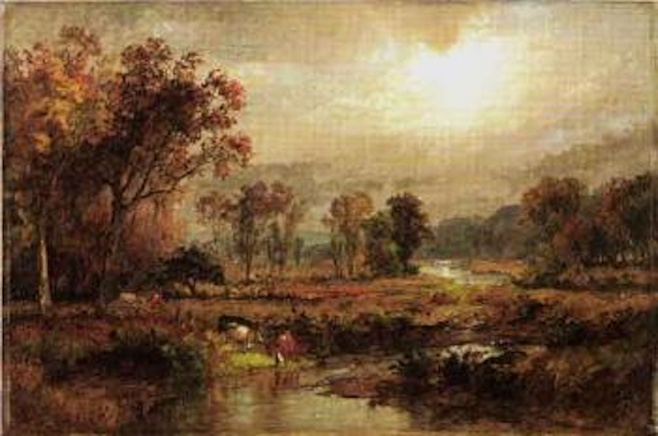 Cattle watering in autumn landscape by Jasper Francis Cropsey