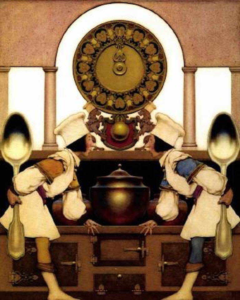 Two pastry cooks, blue hose, yellow hose by Maxfield Parrish