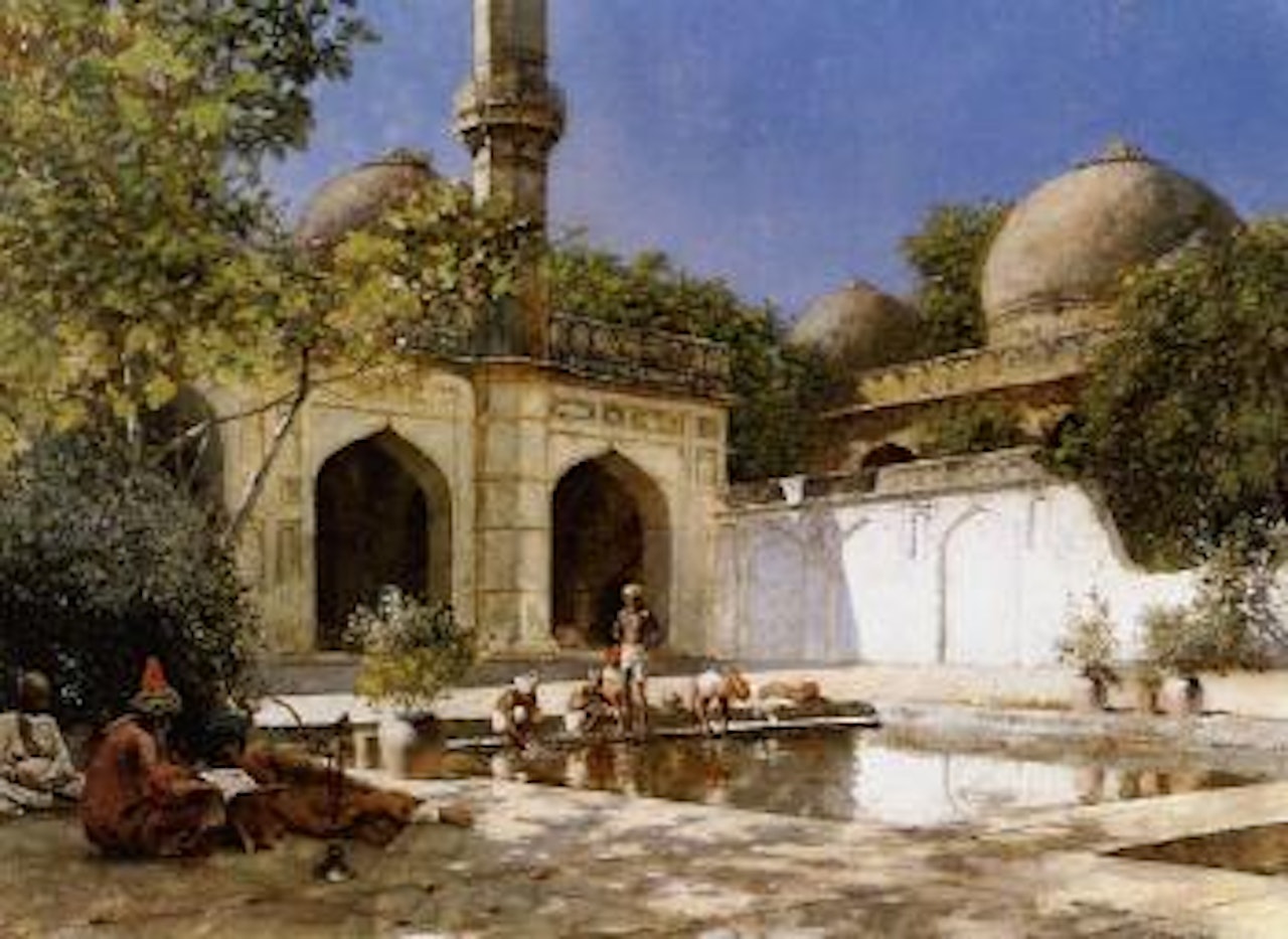 Figures in courtyard of mosque by Edwin Lord Weeks
