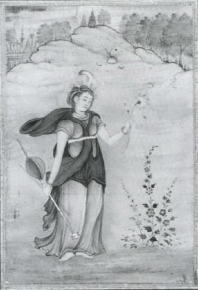 European Muse standing in landscape, holding ektar by Mughal School