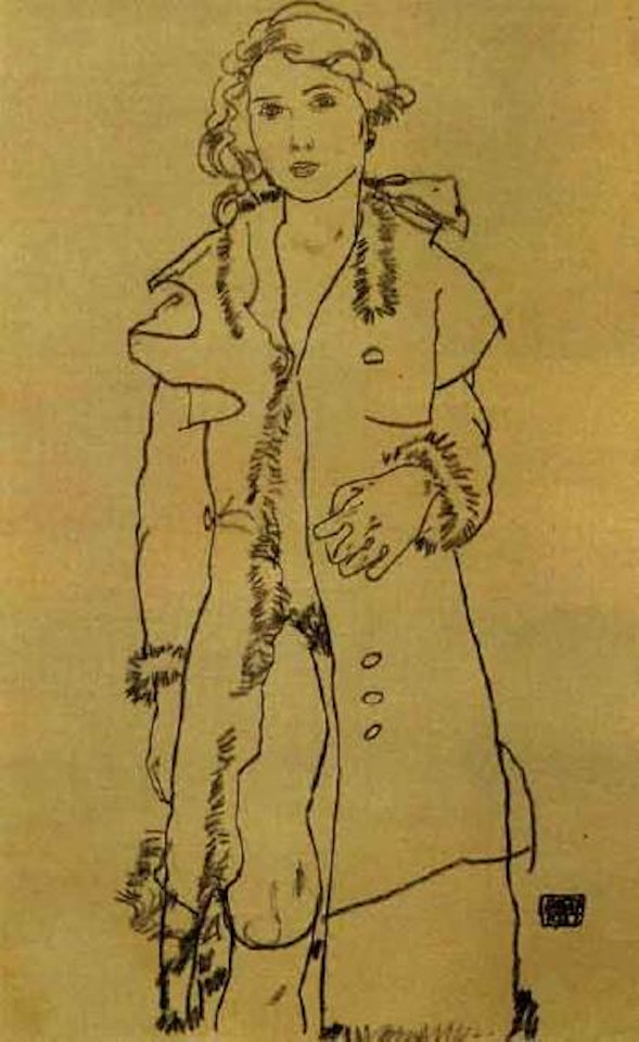 Nude girl with fur-trimmed coat by Egon Schiele