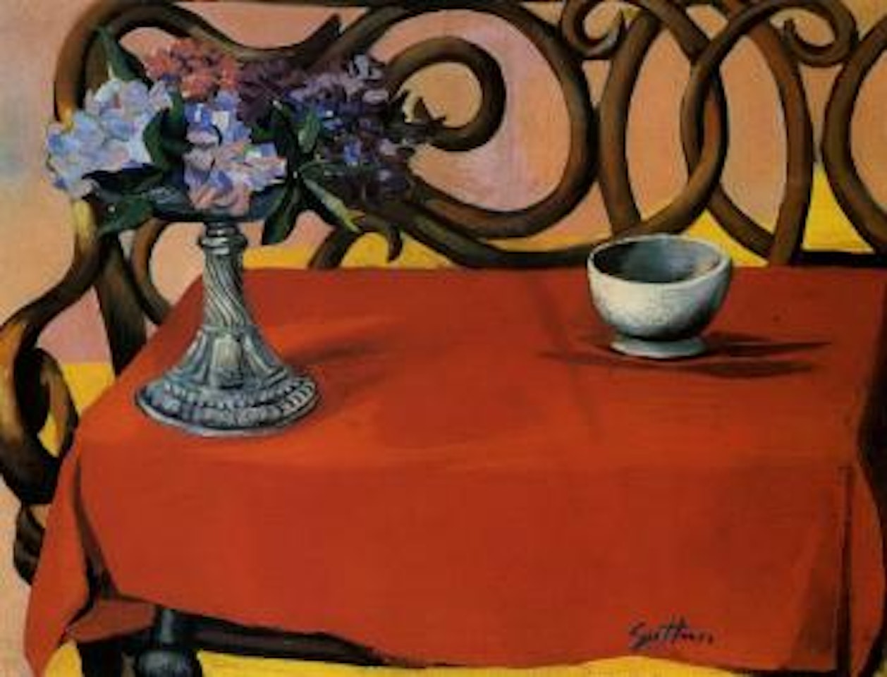 Still life with red tablecloth and Viennese bench by Renato Guttuso