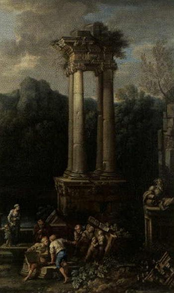 Artist and other figures amongst classical ruins by Roman School