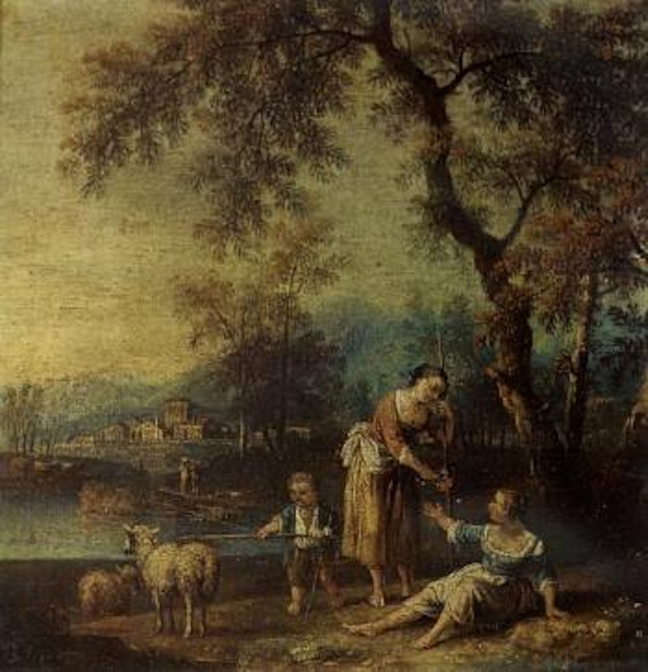 Italianate landscape with shepherdess presenting flowers by Giovanni Battista Cimaroli