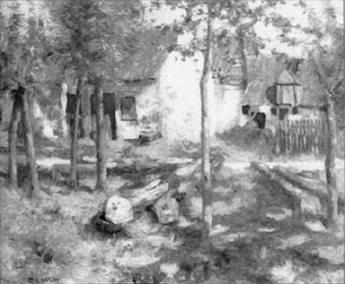 Farm buildings in sunlight, felled timber in foreground by David Gauld