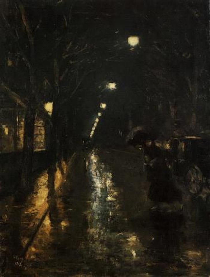 Lady and carriage on rainy night by Lesser Ury