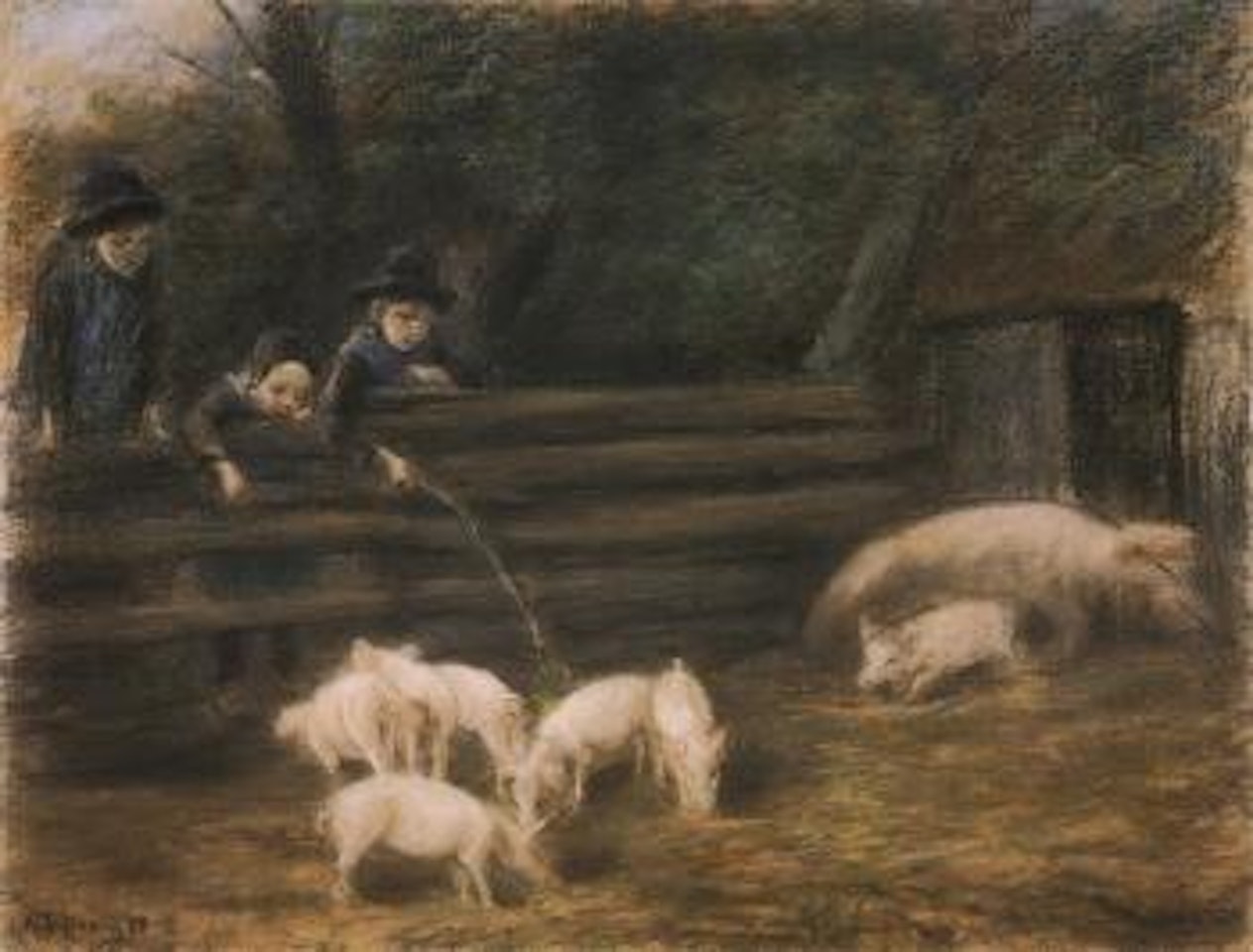 Children playing in farmyard by Max Liebermann