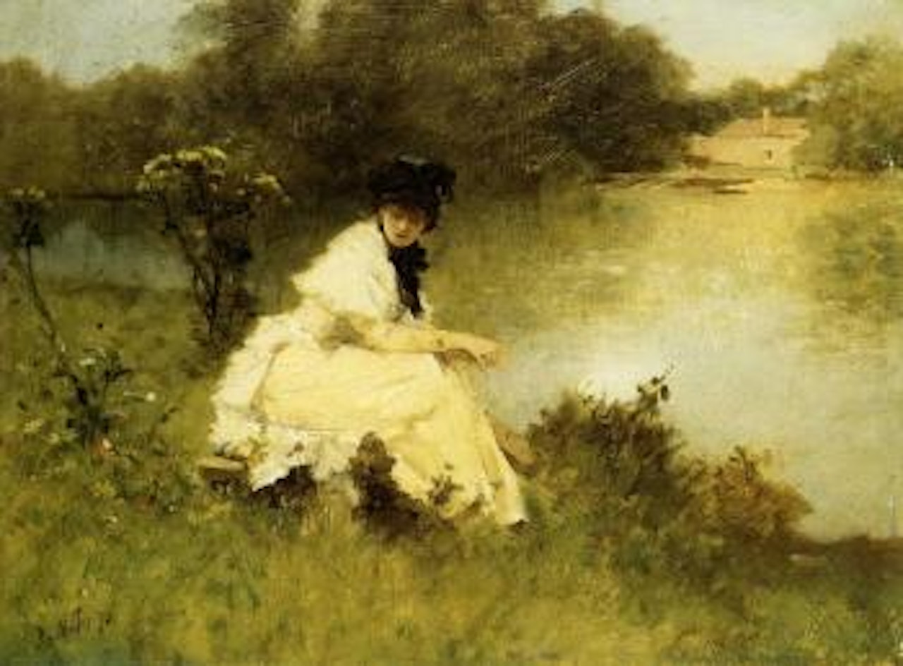 Lady with puppy by river by Giuseppe de Nittis