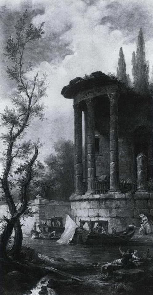 Classical architectural ruins with figures by French School