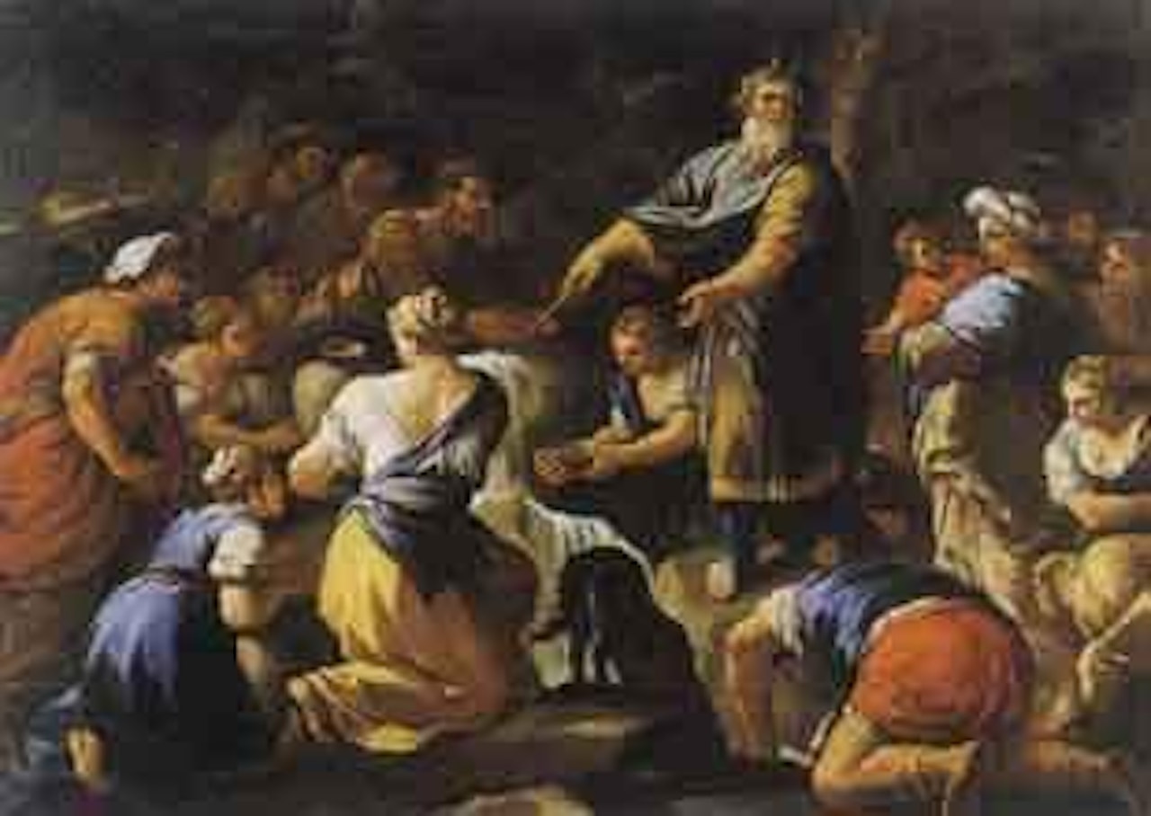 Mose fa scaturire l'acqua dalla rupe by Circle of Luca Giordano