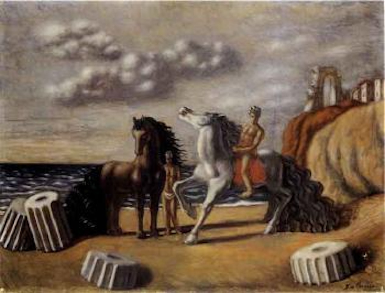Cavalli e cavalieri in riva al mare by Giorgio de Chirico
