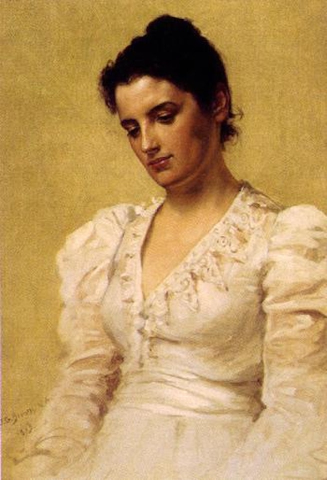 Seated beauty in white by John George Brown