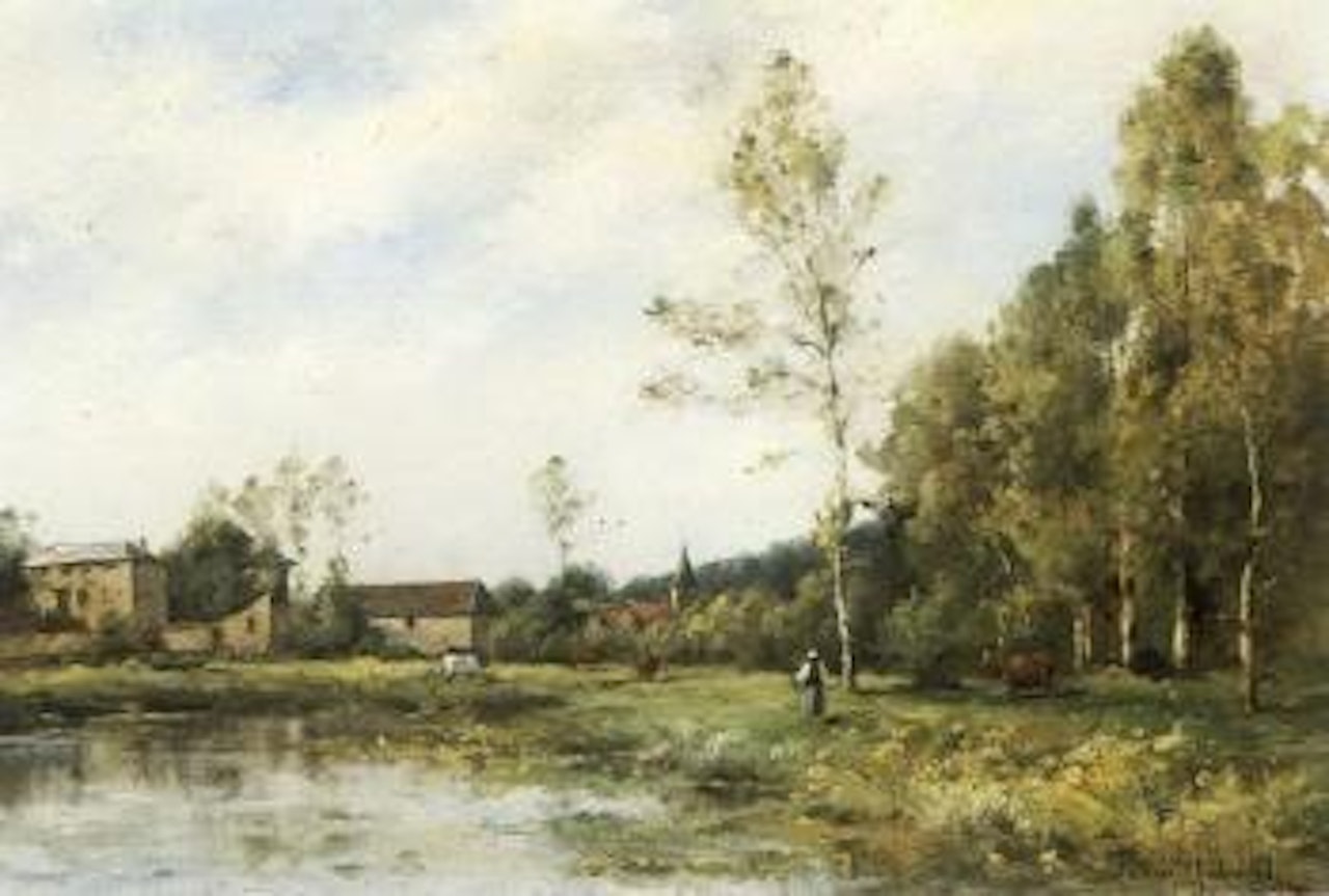 Cattle grazing outside village by Paul Désiré Trouillebert