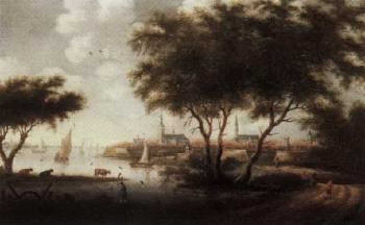 River landscape with town in background by Dutch School