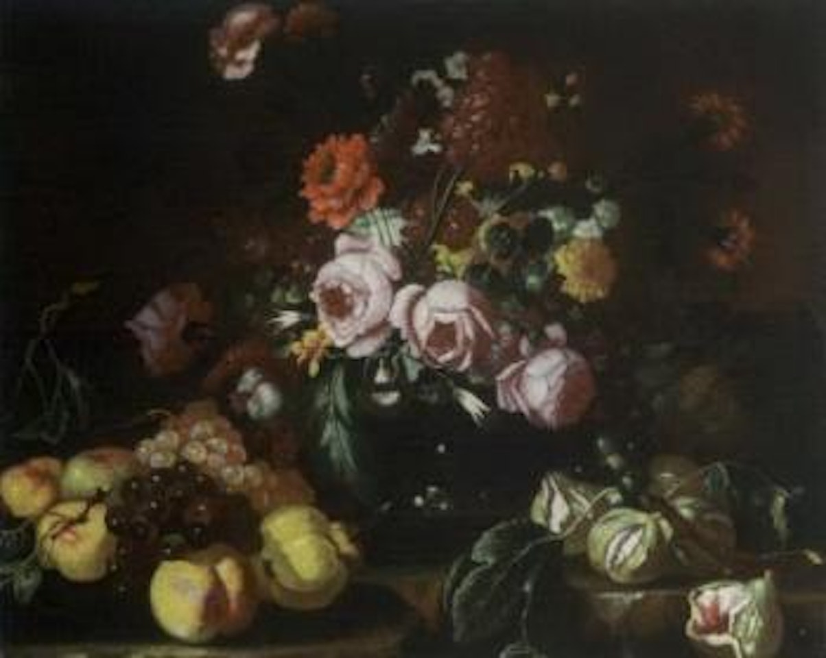 Still life of flowers in glass vase with mixed fruit on stone ledge by Roman School