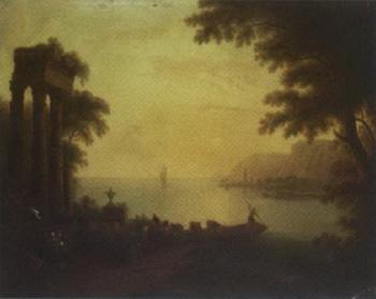 Mediterranean seascape with cattle being loaded onto ferryboat at sunset by Claude Lorrain