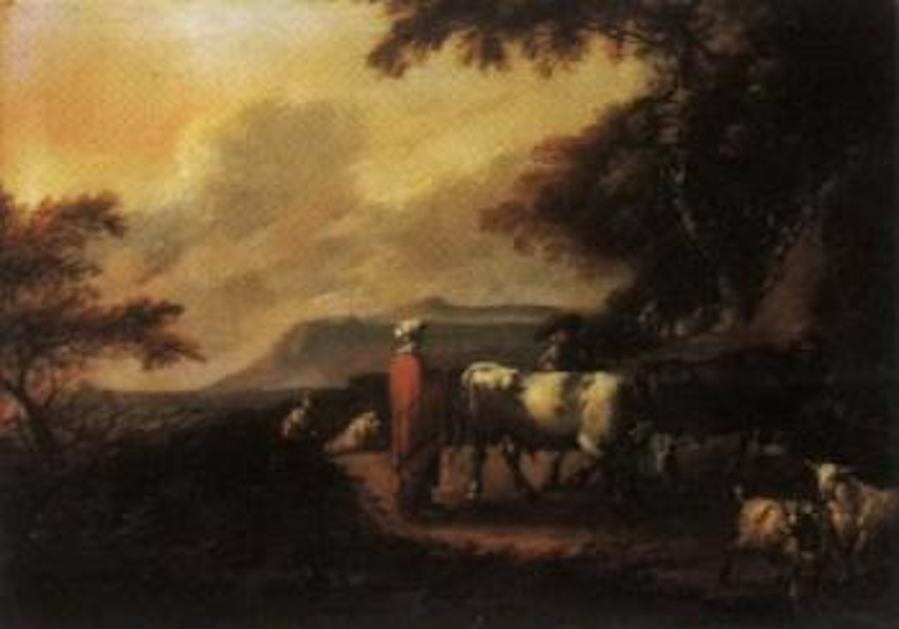 Landscape with herders tending animals, mountains beyond by Nicolaes Pietersz Berchem