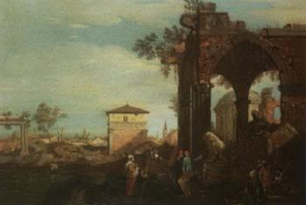 Architectural capriccio with figures beside ruins by Canaletto