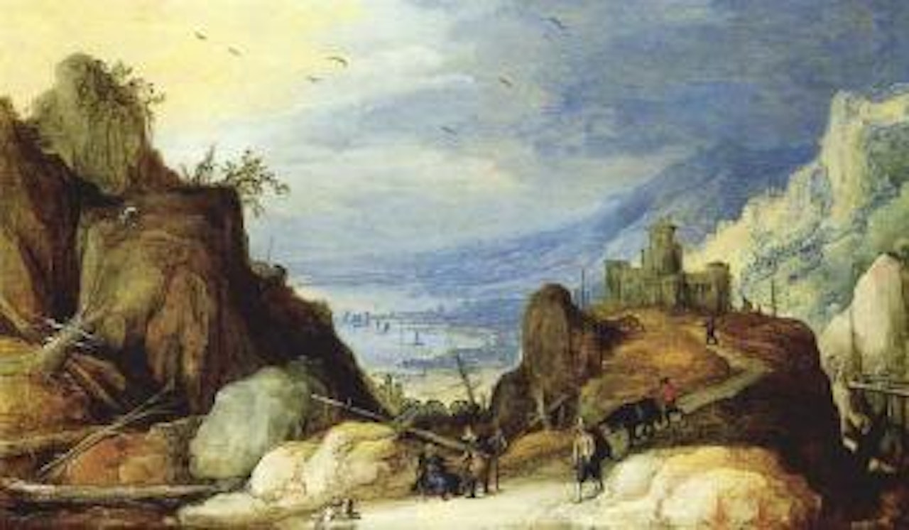 Mountain river landscape with travellers by Joos de Momper the Younger